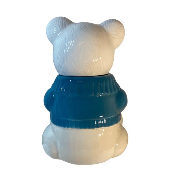 Welcome Cookie Jar Ceramic White Teddy Bear Blue Sweater Cookie Taiwan VTG - Picture 4 of 13